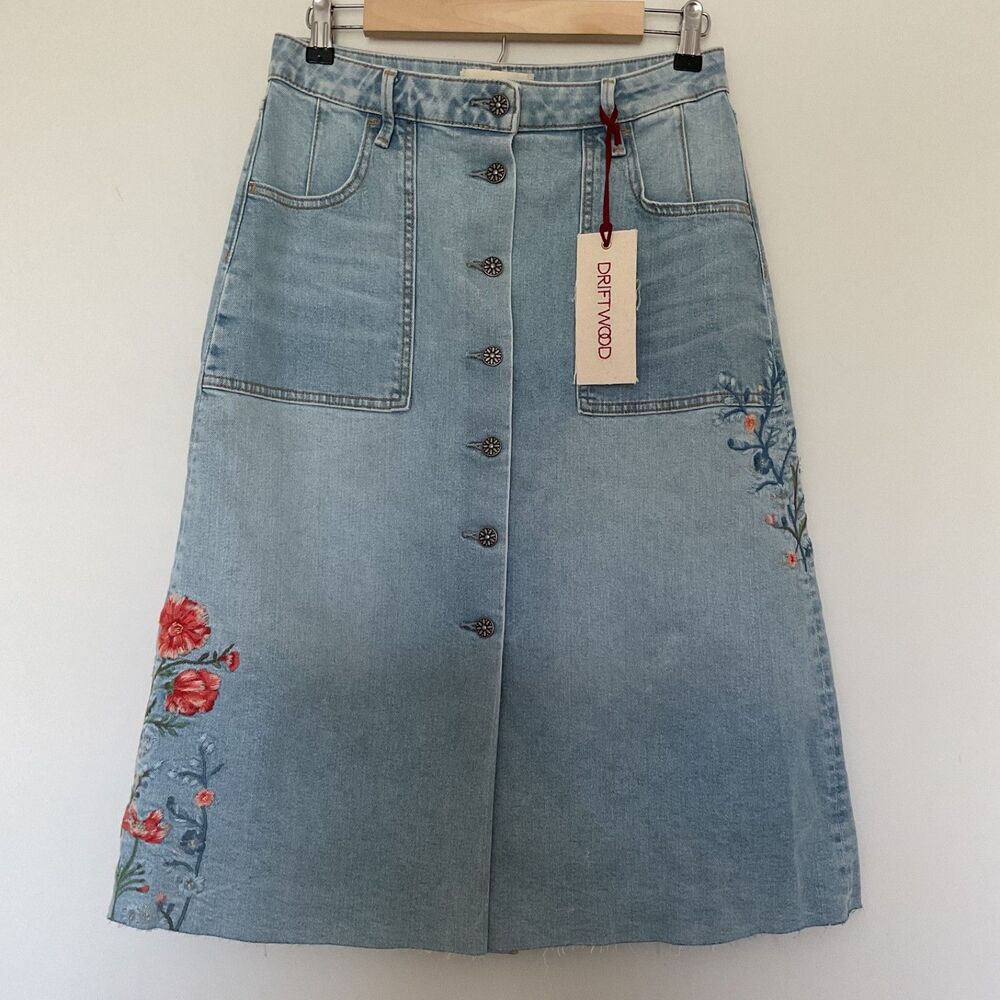 Driftwood Carrie Floral Embroidered A-Line Button Front Midi Denim Jean Skirt 28